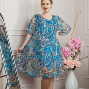 Rochie albastra din voal cu imprimeu Paisley si maneci fluture
