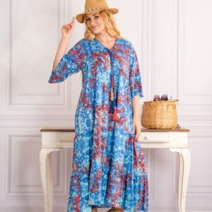 Rochie albastra lunga boho chic cu imprimeuri florale corai