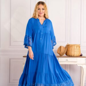 Rochie albastra lunga boho chic cu volane si dantela