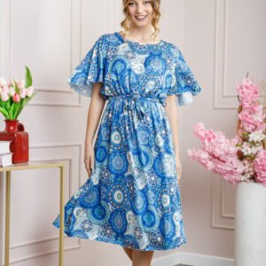 Rochie albastru regal cu imprimeuri mandala si volanas la maneci