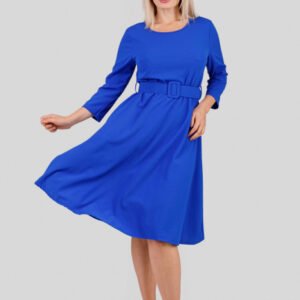Rochie albastru regal cu maneci trei sferturi si centura in talie