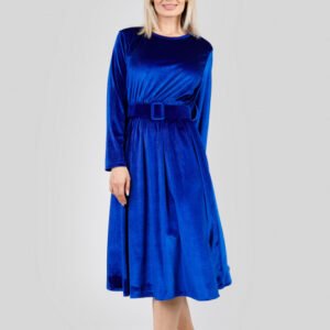 Rochie albastru regal din catifea cu centura in talie
