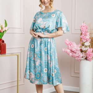 Rochie bleu cu imprimeuri mandala si volanas la maneci