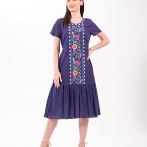 Rochie bleumarin boho chic cu broderie florala