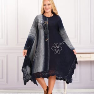 Rochie bleumarin boho chic tricotata cu baza asimetrica si model floral