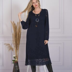 Rochie bleumarin boho chic tricotata cu detaliu perforat