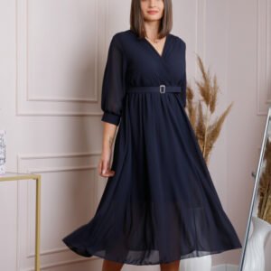Rochie bleumarin cu bust petrecut si curea in talie