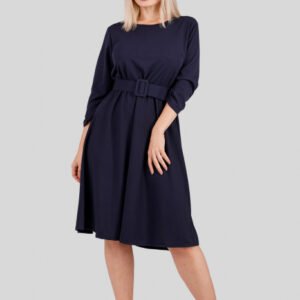 Rochie bleumarin cu maneci trei sferturi si centura in talie