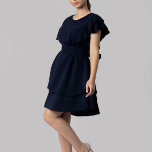 Rochie bleumarin cu volane si centura in talie
