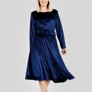 Rochie bleumarin din catifea cu centura in talie