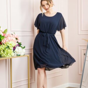 Rochie bleumarin din voal cu cordon in talie