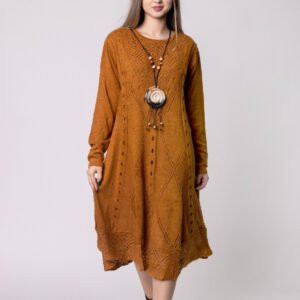 Rochie camel boho chic cu model tricotat romburi