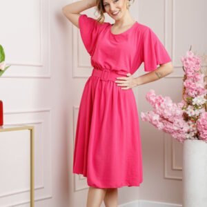 Rochie ciclam cu maneci scurte si centura in talie
