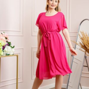 Rochie ciclam din voal cu cordon in talie