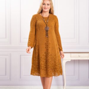 Rochie  coniac boho chic tricotata cu detaliu perforat