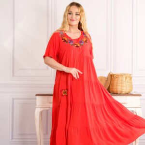 Rochie corai boho chic cu aplicatie florala pe bust