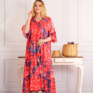 Rochie corai lunga boho chic cu imprimeuri florale albastre