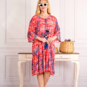Rochie corai midi boho chic cu imprimeuri florale albastre