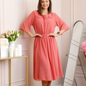 Rochie corai vaporoasa cu elastic in talie si volanas la decolteu Allegra