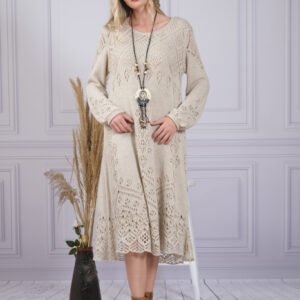 Rochie crem boho chic tricotata cu detaliu perforat