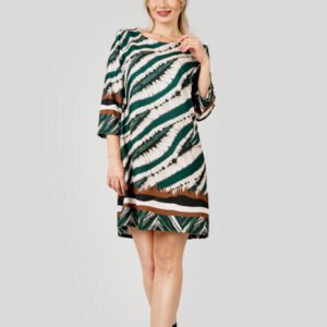 Rochie crem cu imprimeuri verde smarald si maneci trei sferturi