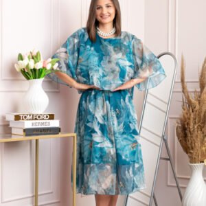 Rochie dama Theresa din voal cu imprimeu floral albastru petrol