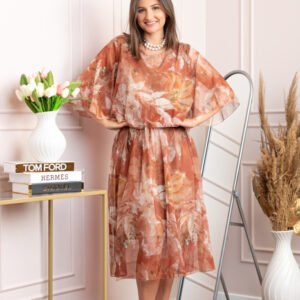 Rochie dama Theresa din voal cu imprimeu floral caramiziu
