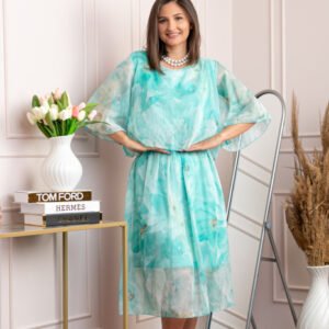 Rochie dama Theresa din voal cu imprimeu floral turcoaz aqua