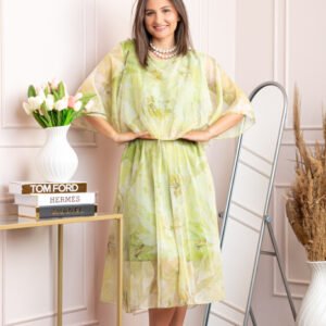 Rochie dama Theresa din voal cu imprimeu floral verde lime