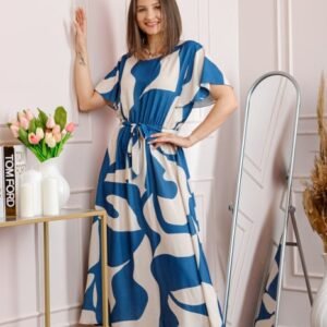 Rochie dama albastra Artemis cu imprimeu abstract si cordon in talie