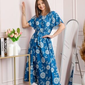 Rochie dama albastra Artemis cu imprimeu floral si cordon in talie