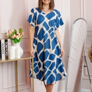 Rochie dama albastra plus size cu imprimeu abstract si croi lejer Jany