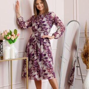 Rochie dama bej Alessandra din voal cu imprimeu floral si cordon in talie
