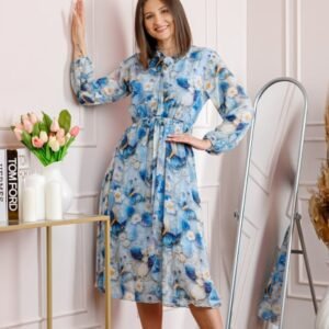 Rochie dama bleu Alessandra din voal cu imprimeu floral si cordon in talie