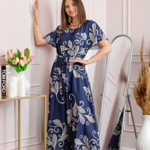 Rochie dama bleumarin Artemis cu imprimeu floral si cordon in talie