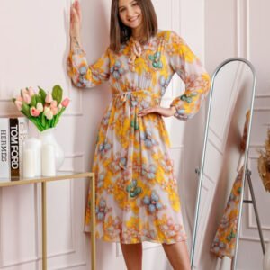 Rochie dama galbena Alessandra din voal cu imprimeu floral si cordon in talie