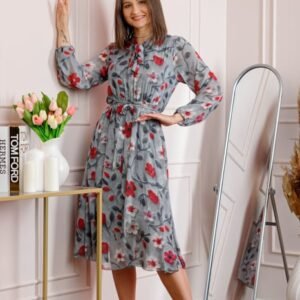 Rochie dama gri Alessandra din voal cu imprimeu floral si cordon in talie
