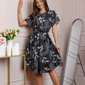 Rochie dama gri antracit Avery cu imprimeu floral si cordon in talie