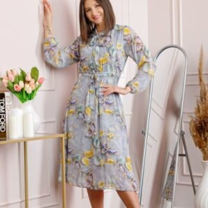 Rochie dama gri deschis Alessandra din voal cu imprimeu floral si cordon in talie