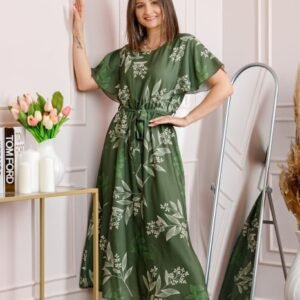 Rochie dama kaki Artemis cu imprimeu floral si cordon in talie