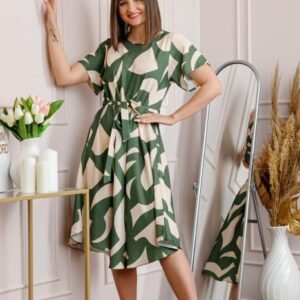Rochie dama kaki Avery cu imprimeu abstract si cordon in talie