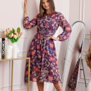 Rochie dama mov Alessandra din voal cu imprimeu floral si cordon in talie