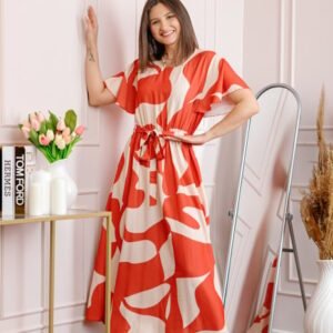 Rochie dama orange Artemis cu imprimeu abstract si cordon in talie