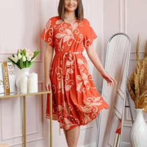 Rochie dama orange Avery cu imprimeu floral si cordon in talie