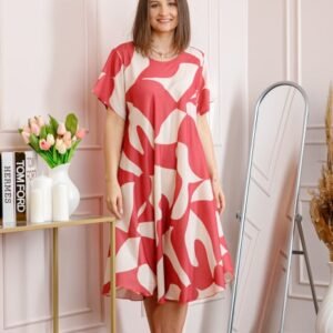Rochie dama rosie plus size cu imprimeu abstract si croi lejer Jany
