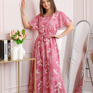 Rochie dama roz Artemis cu imprimeu floral si cordon in talie