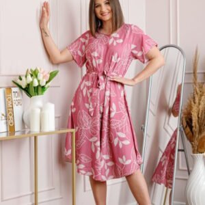 Rochie dama roz Avery cu imprimeu floral si cordon in talie