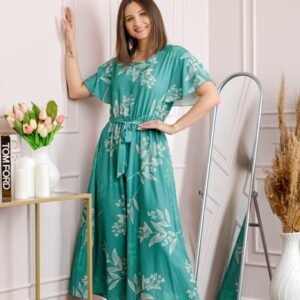 Rochie dama turcoaz Artemis cu imprimeu floral si cordon in talie