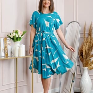 Rochie dama turcoaz Avery cu imprimeu floral si cordon in talie