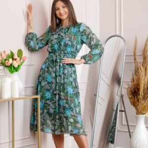 Rochie dama verde Alessandra din voal cu imprimeu floral si cordon in talie